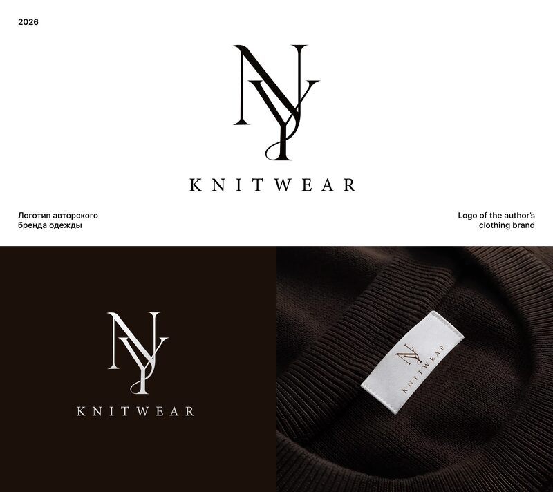 Логотип NY Knitwear: монограмма из букв N и Y на белом и тёмном фоне, рядом — тканевая бирка, вшитая в горловину коричневого свитера