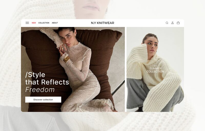 Главная страница NY Knitwear: слева фотография с заголовком «Style that Reflects Freedom» и кнопкой, справа кадр летней коллекции