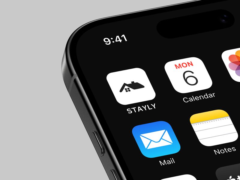 Иконка STAYLY на домашнем экране iPhone среди системных иконок — знак читается в самом мелком размере