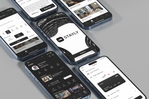 Шесть экранов STAYLY: заставка со знаком, подбор жилья, карточка объекта, лента объявлений, профиль и оплата
