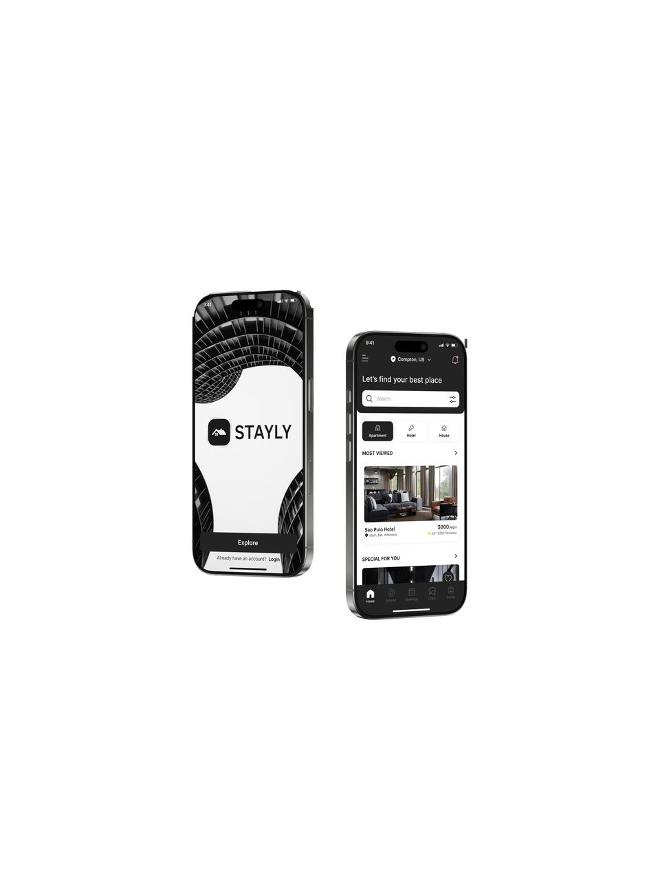 Обложка проекта STAYLY: два экрана приложения — заставка со знаком и главная с поиском